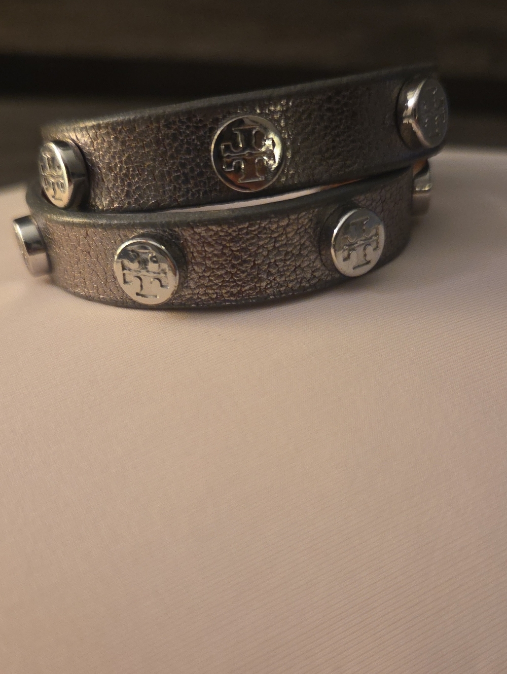 Tory Burch Metallic Gunmetal Double-Wrap Logo Stud Bracelet